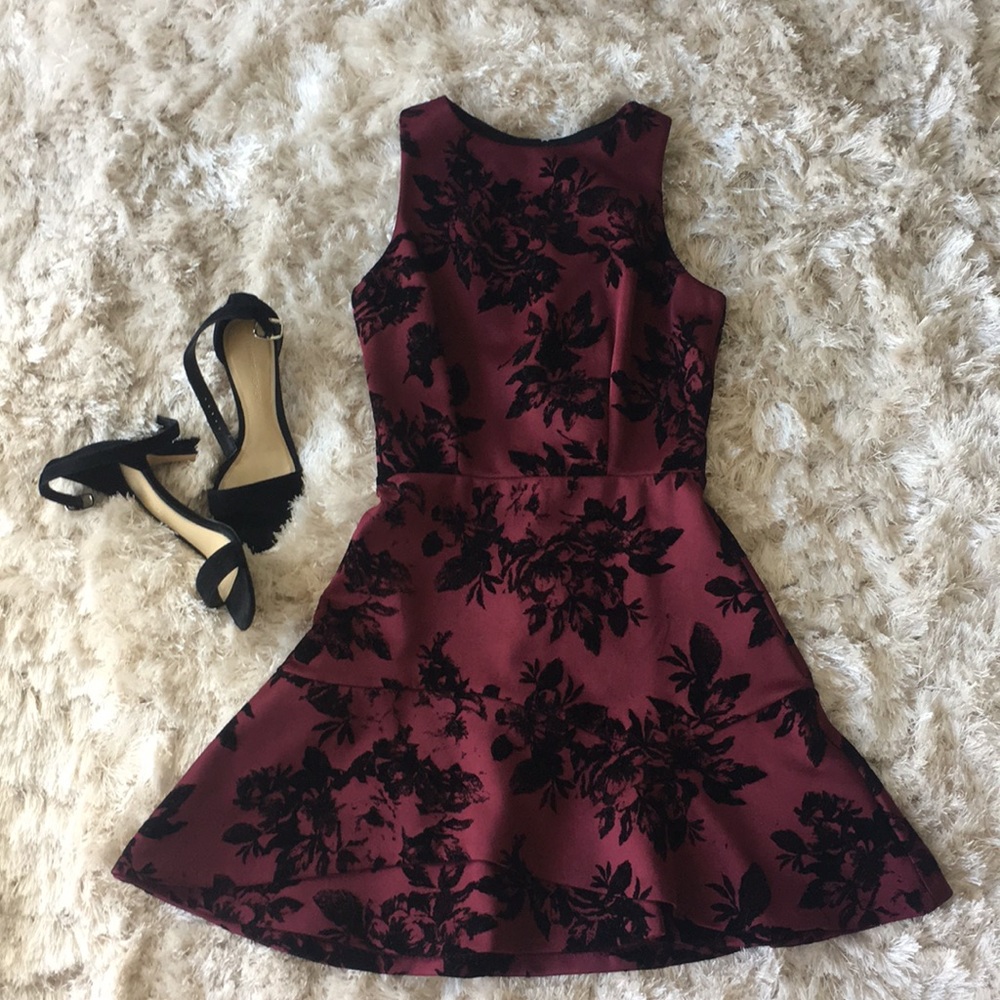 Floral Fit & Flare Dress in Burgundy and Black